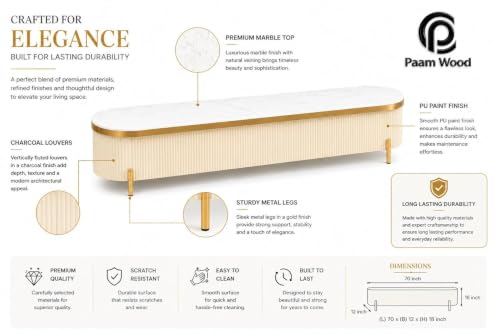 Image of Mazzo Modern TV Unit /Console - 70 inchx12 inchx18 inch White Marble Top with Golden Acrylic, Waterproof Plywood & Charcoal Louvers - Media Cabinet | Modern TV Stand Console Without Storage (Ivory)