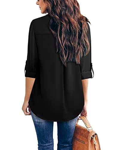 Furnex Women Tops And Blouses Dressy, Women's Blouses 3/4 Sleeves Chiffon Shirts Business Casual Top V Neck Blouse Long Cuffed Sleeve Zipper Shirts For Women Work Office Clothes Black L #TOP1