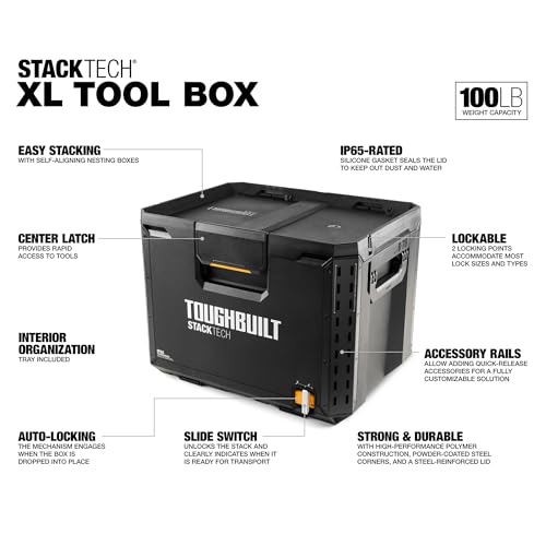Image of ToughBuilt StackTech XL Tool box Organizer with Lock and Removable Tray, Black