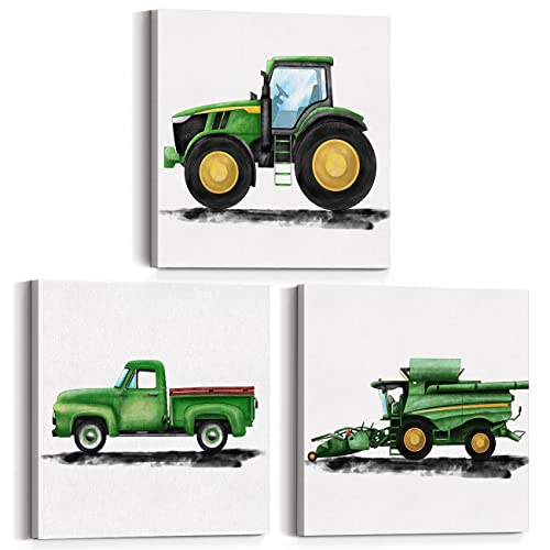 Image of Set of 3 Tractor Nursery Farm Vehicles Framed Wall Art Decor Watercolor Old Farm Truck Canvas Paintings Prints Posters for Home Kids Toddler Boys Bedroom, 12x12 Inch