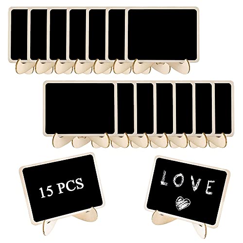 15 Piezas Pizarra Decorativa, Pizarra Tablero de Mensajes, Etiqueta Pizarra Madera Rectangular, Mini Pizarra de Madera con Caballetes para Notas, Fiestas, Bodas, Etiquetas de Alimentos Cover