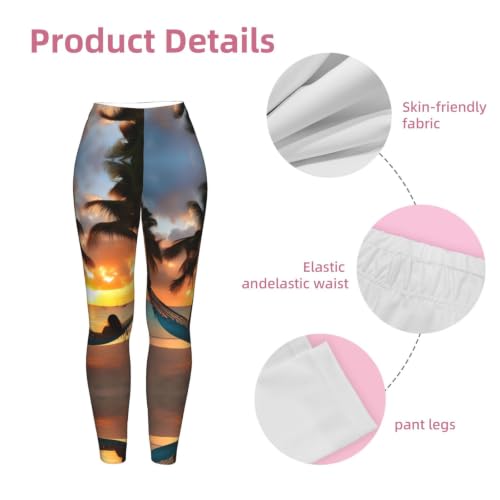 Leggings de compresión suave transpirables con diseño de atardecer tropical y playa de cocoteros 6