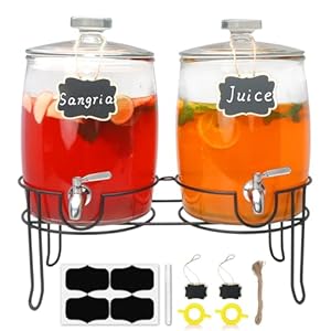 Accguan 2-Gallon Drink Dispenser with Iron Rack,Glass Drinking Dispenser with Glass Lid for Parties, Bar, Wedding, Homemade Juice, Laundry Detergent Dispenser,Picnics, Barbecues and Daily,2 pack