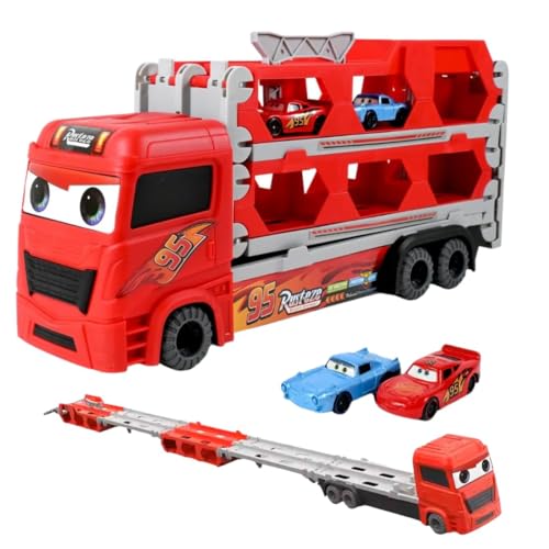 Image of WireScorts Big Hauler Storage & Deform Transport Truck Toy with 2 Foldable Ejection Race Track & 2 Pcs Die cast Cars for Kids Boys Girls 3+ Years - Red