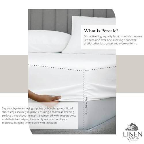 Image of Linen Home 6 Piece King Cotton Sheet Set, 100% Cotton Percale, 4 Pillowcases, Deep Pocket with All Around Elastic Sheet, Crisp Breathable Bedding, Hotel Luxury, Long-Staple Combed Cotton, Snow White