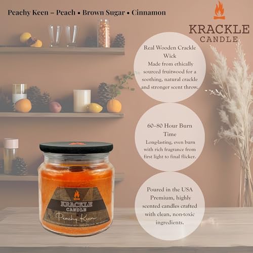 Image of Krackle Candle | Peachy Keen | 16 oz Scented Candle with Natural Crackling Wooden Wick | Poured in the USA | Peach, Brown Sugar & Cinnamon Fragrance