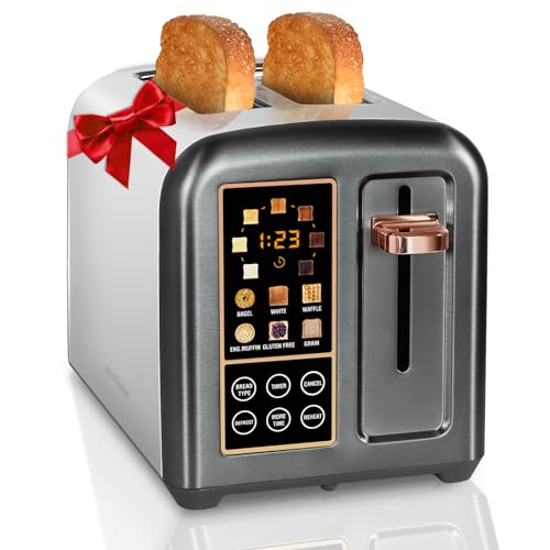 SEEDEEM Toaster 2 Slice, Stainless Steel Bread Toaster with LCD Display and Touch Buttons, 50% Faster Heating Speed, 6 Bread Selection, 7 Shade Settings, 1.5''Wide Slots Toaster with Cancel/Defrost/Reheat Functions, Removable Crumb Tray, 1350W, Dark Metallic