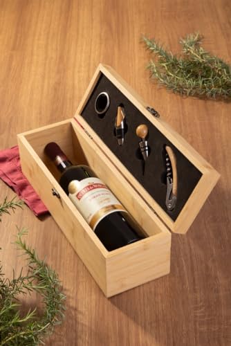 Mimo Style Conjunto de Acessórios com Porta Vinho 5 Pçs Caixa de Bambu