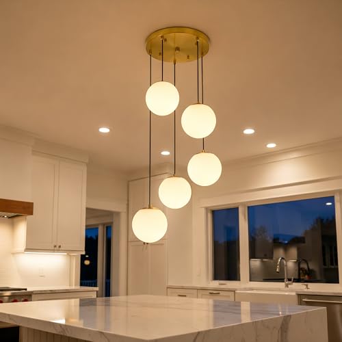 Image of Mid Century Globe Chandelier, 5-Light Brushed Gold Pendant with Milk White Glass, Modern Cluster Lighting for Staircase Kitchen Island Dining Room
