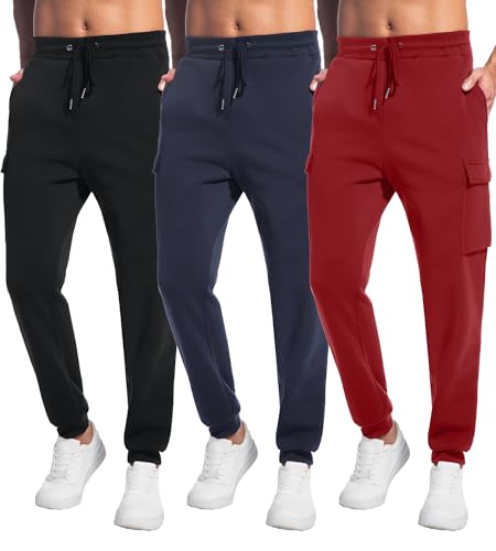 Men's 3 Pack Fleece Cargo Sweatpants Workout Joggers Casual Hiking Athletic Pants with Pockets and Drawstring S-3XL