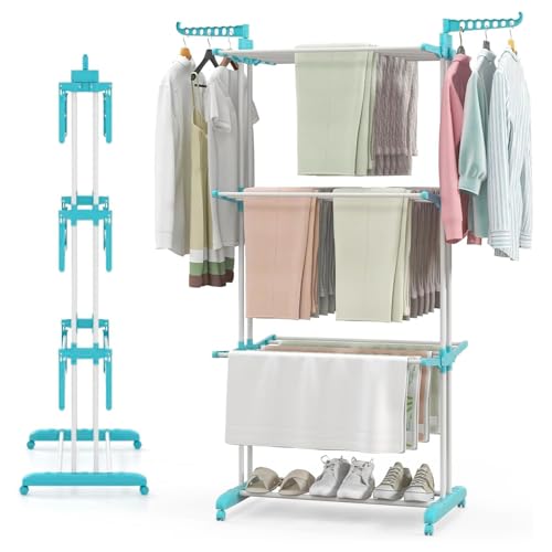Image of Premium 3 Layer Clothes Drying Stand with Wheels | Foldable Wings | Double Pole Alloy Steel Rack | 360 Rotatable Hanger Rods | Portable Balcony Laundry Dryer Space Saving | 43.2D x 78.7W x 165H cm