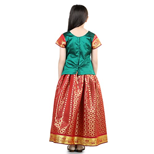 Image of BownBee Girls Silk Blend Pavda Pattu Lehenga Choli South Indian Traditional Ethnic Dress for Kids with Half Sleeves, Round neck, Back Hook Closure Dresses for Baby Girl