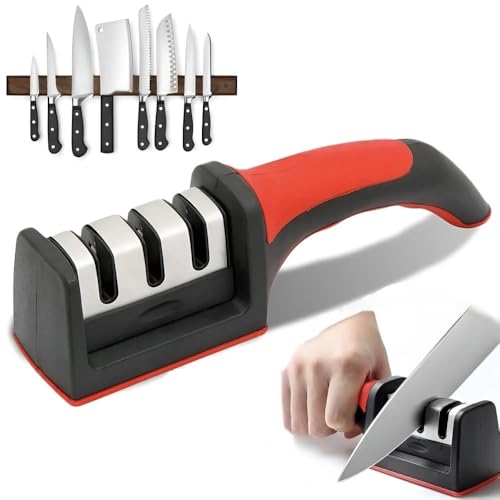 Afiador de Facas e Tesouras Amolador 3 em 1 Premium Manual com Base Antiderrapante e Cabo Ergonômico