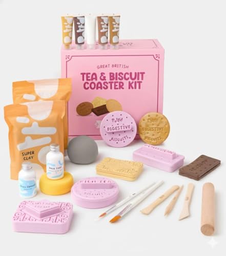 Pottd Tea & Biscuit Coaster Pottery Kit for Beginners Air Dry Clay Kit for Adults DIY Craft Kit Includes Air Dry Clay Biscuit Stamp Cutters Paints Tools and Video Guides