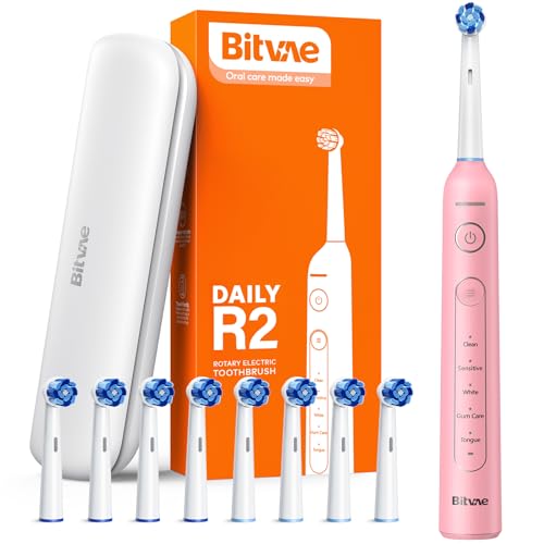 Image of Bitvae R2 Rotating Electric Toothbrush for Adults with 8 Brush Heads, 5 Modes Rechargeable Power Toothbrush with Pressure Sensor, Pink
