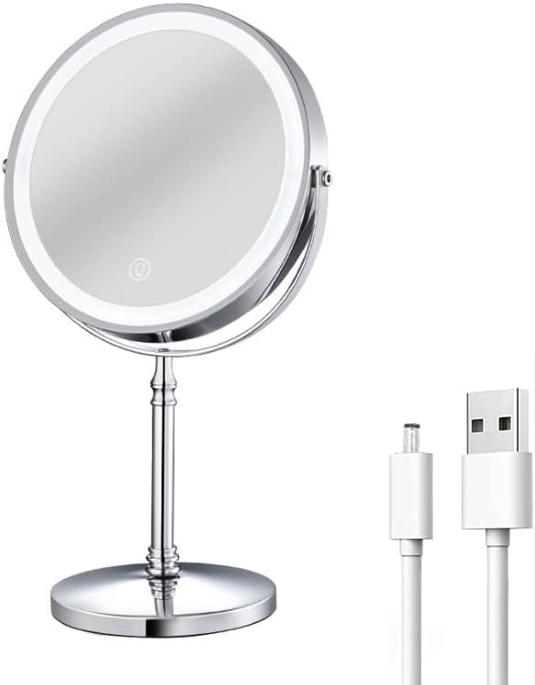 Espejo cosmético de doble cara de 8 pulgadas con espejo de control táctil, espejo de tocador con aumento de 10 x con 3 luces LED de colores, espejo