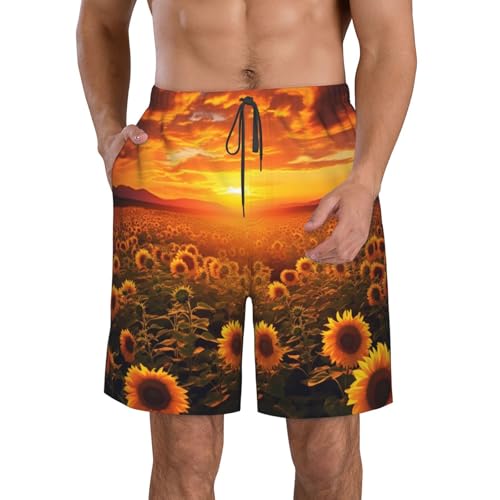 Mens Swim Trunks Quick Dry Board Shorts with Pocket Men Swim Shorts Sunflower Field Sunset Sea of Flowers Beach Bathing Suits