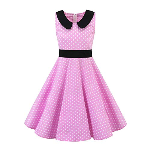 Image of Kids 'Audrey' Vintage 50's Girls Dress Polka Dot Retro Floral Print Skater Rockabilly A Line Swing Party Dresses for Wedding Brithday Christmas Cocktail Evening Prom Pink 5-6 Years