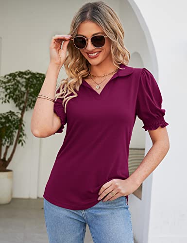 Micoson Puff Sleeve Collared Shirt For Women Short Sleeve V Neck Cotton Tunic Blouse Ladies Work Polo Shirts Fuchsia L #TOP4
