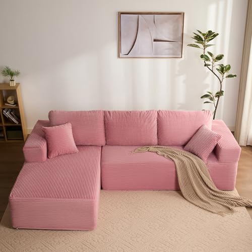 Litbird Sofá esquinero Modular en L con función Cama y Chaise Longue Derecha – Tapizado en Pana, Asiento Profundo – Sofá Cama para salón – Sin Montaje (Rosa, Chaise Longue Izquierda)