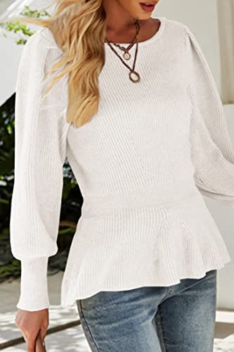 Image of Womens Fall Puff Sleeve Peplum Casual Slim Fit Knit Pullover Sweater Jumper Tops