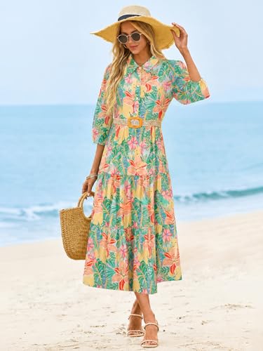 Image of Wenrine Womens Casual 3 /4 Sleeve Shirt Dress Button Down V Neck Tiered Collared Flowy Maxi Dress