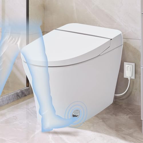 Inodoro inteligente estándar con asiento calefactado, inodoro compacto de doble descarga 1/1.28 Gpf, con sensor de pie para descarga, luz nocturna blanca, control por perilla y descarga automática, color blanco