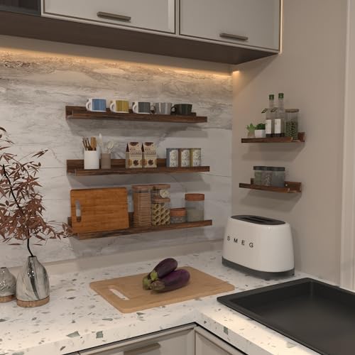 Giftgarden 24 Inch Wall Mounted Floating Shelves Set of 5, Rustic Wood Wall Shelves for Bathroom, Bedroom, Kitchen, Living Room Storage and Decoration, Brown Picture Ledge by Giftgarden - Image 3