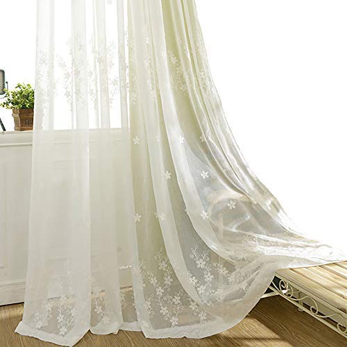 VOGOL White Rod Pocket Sheer Curtains 96 inches Length, Embroidered Window Curtain Sheer Voile Panels for Living Room & Bedroom, 60x96, 2 Panels