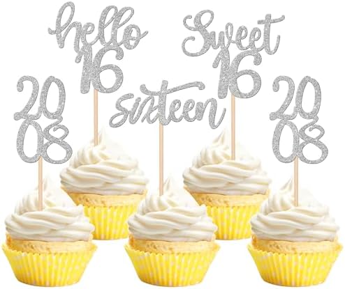 24PCS Happy 16th Birthday Cupcake Toppers Glitter Hello 16 Sweet 16 Since 2008 Sxiteen Years Old Cupcake Picks for Celebrating 16th Birthday Anniversary Party Cake Decorations Supplies Silver