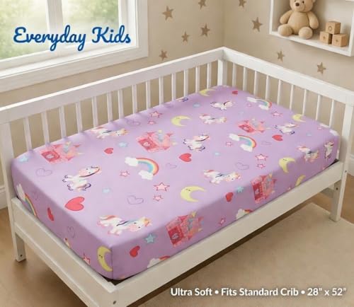 Image of EVERYDAY KIDS Baby Girl Fitted Crib Sheet Unicorn Dreams, 100% Soft Microfiber, Breathable Baby Sheet, Fits Standard Size Crib Mattress 28in x 52in, Nursery Sheet