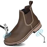 Slip-On Work Boots for Men, Steel Toe Puncture-Proof with EVA Mid-Sole, Full Grain Leather Non-Slip Chelsea Safety Shoes, Comfortable and Ideal for Industrial Construction (Dark Brown, Size 10.5)