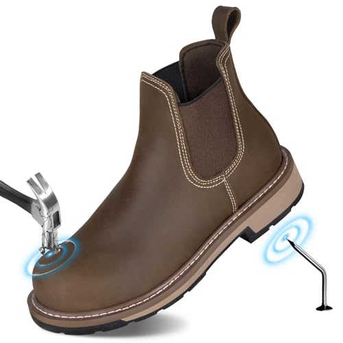 Slip-On Work Boots for Men, Steel Toe Puncture-Proof with EVA Mid-Sole, Full Grain Leather Non-Slip Chelsea Safety Shoes, Comfortable and Ideal for Industrial Construction (Dark Brown, Size 10)