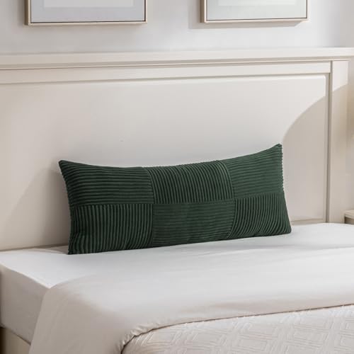 Image of Fancy Homi Set of 2 Dark Green Boho Long Lumbar Body Decorative Throw Pillow Cover 14x36 Inch for Bed Couch Bedroom Bench, Soft Patchwork Corduroy Textured Pillow Case, Rustic Farmhouse Room Decor
