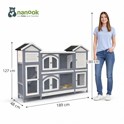 nanook Kaninchenstall, Hasenstall Castle XXL mit seitlichen Aufgängen für mehr Platz - wetterfest - Staufach - extragroß 181 x 43 x 127 cm grau/Weiss
