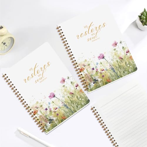 Image of 2Pcs Bible Verse Christian Notebook for Women, Christian Art Gifts Journal, Prayer Journal for Women, Bible Journaling Notebook, PSALM 23:3 He Restores My Soul Floral Spiral Notebooks 5.5x8.3 inch