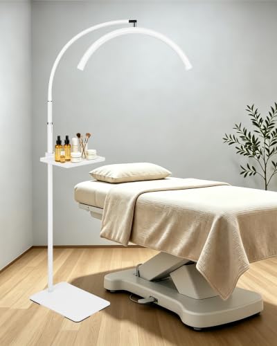 Image of Half Moon LED Floor Light with Tool Tray for Lash Techs, Eyelash Extensions, Estheticians, Skincare, Nail Art, Tattoo Artists, Home & Office - Professional Shadow-Free Lamp | Dimmable (White)
