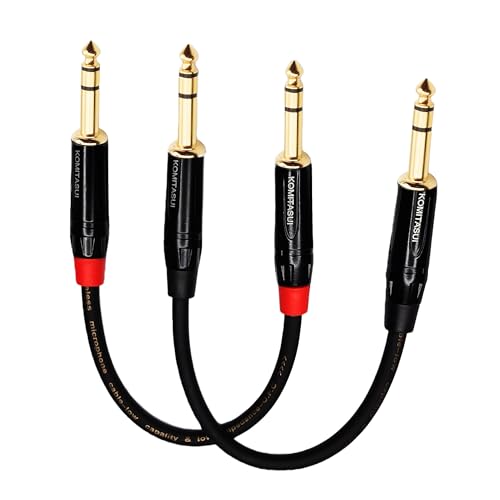KOMITASUI 1/4 TRS Patch Cable, 6.35mm TRS Male to Male Balanced Stereo Audio Cable, 2 Pack of 1 Foot Balanced Cord