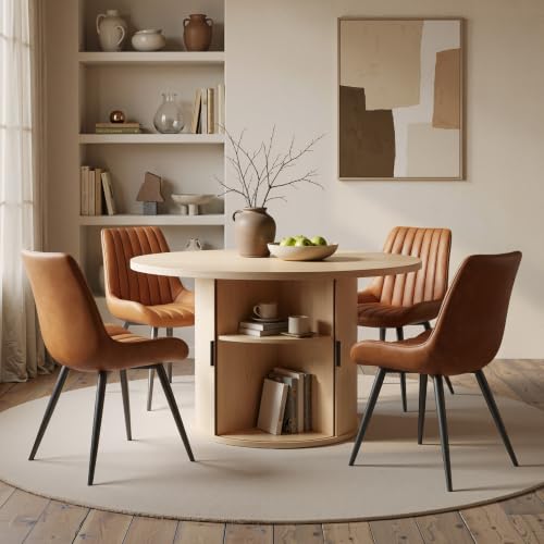 RESTACORIN 5-Piece Round Dining Table Set for 4, 47-Inch Modern Farmhouse Kitchen Table with Semi-Open Storage Shelf, Soft Fabric Upholstered Dining Chairs (Natural Table + 4 Brown Chairs)