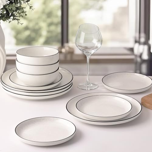 SOVEGLEE Plates and Bowls Sets for 4,12 Pieces Ceramic Dish set, White Dinnerware Set for Kitchen, Modern Design Plate Sets with Black Rim, Microwave and Dishwasher Safe by SOVEGLEE - Image 6