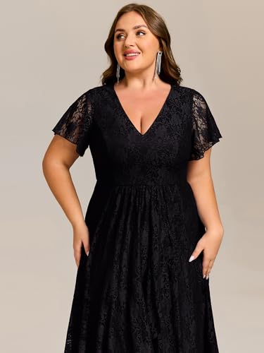 Image of Ever-Pretty Plus Women's Summer V Neck Short Ruffles Sleeves Lace Midi Plus Size Cocktail Party Formal Dresses