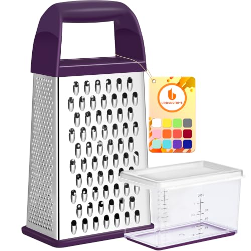 Urbanstrive Cheese Grater With Container, Professional Cheese Grater with Handle, Stainless Steel Graters for Kitchen Handheld, Box Grater with 4 Sides for Vegetables, Ginger, Potatoes (Purple)