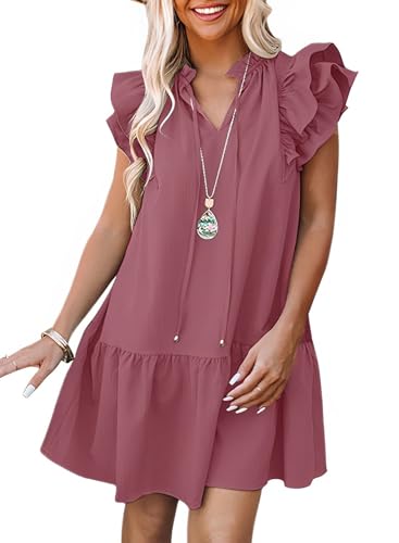 Image of Dokotoo Womens Summer Dresses 2026 V-Neck Drawstring Ruffle Cap Short Sleeve Side Pockets Mini Dress Sundress