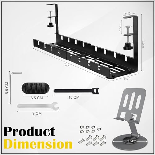 Image of Under Desk Cable Management Tray with Mobile Stand, Metal Wire Organizer Rack, Adjustable 3-in-1 Cable Holder with Velcro Strips, Screws, Allen Key & 4 Cable Protectors