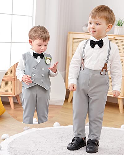Yallet Toddler Baby Boy Clothes Suit Gentleman Wedding Outfits, Formal Dress Shirt+Bowtie+Vest+Boutonniere+Suspender Pants #TOP2