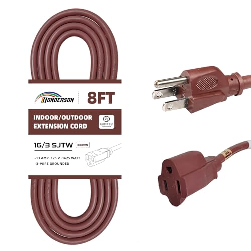 HONDERSON 8FT Brown Outdoor Extension Cord-16/3 SJTW Durable Extension Cord for Christmas Lights with 3 Prong Grounded Plug, Great for Outside Christmas Decorations