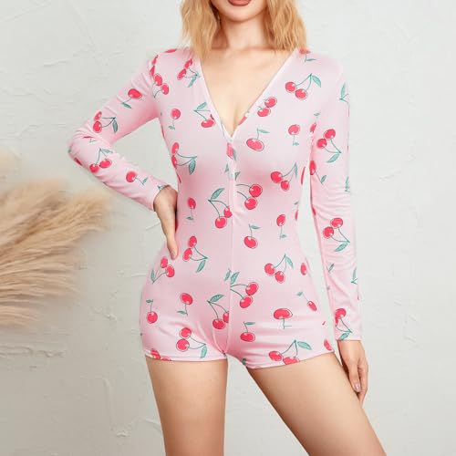 Image of Women's Sexy Deep V Neck Shorts Rompers Long Sleeve One Piece Bodysuit Pajama with Butt Flap Bodycon Sleepwear