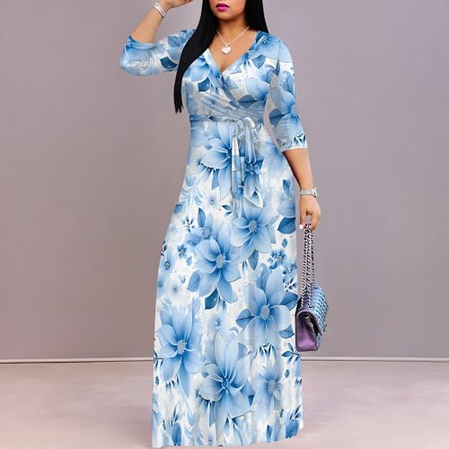 Image of Women Plus Size Long Sleeve V Neck Maxi Dress with Belt | Soft fabric relaxed fit three quarter sleeve v neck with pockets for party and daily wear