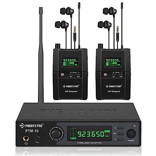 Phenyx Pro Wireless in Ear Monitor System, True Stereo UHF IEM, in Ear Monitors for Musicians, Metal Stage Monitor w/ 89 Frequencies, Rack Mount, for Studio/Band (2 Bodypacks with Transmitter)