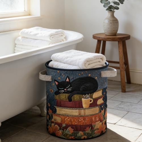 Image of Cat Quilted Laundry Basket - 18 inch /22 inch /28 inch, 2026 Large Quilted Cat Laundry Basket with Handles, Cozy Cat Fabric Storage Hamper for Nursery, Bedroom, Laundry Room, Clothes & Toys (2, S 14 inchX18 inch)